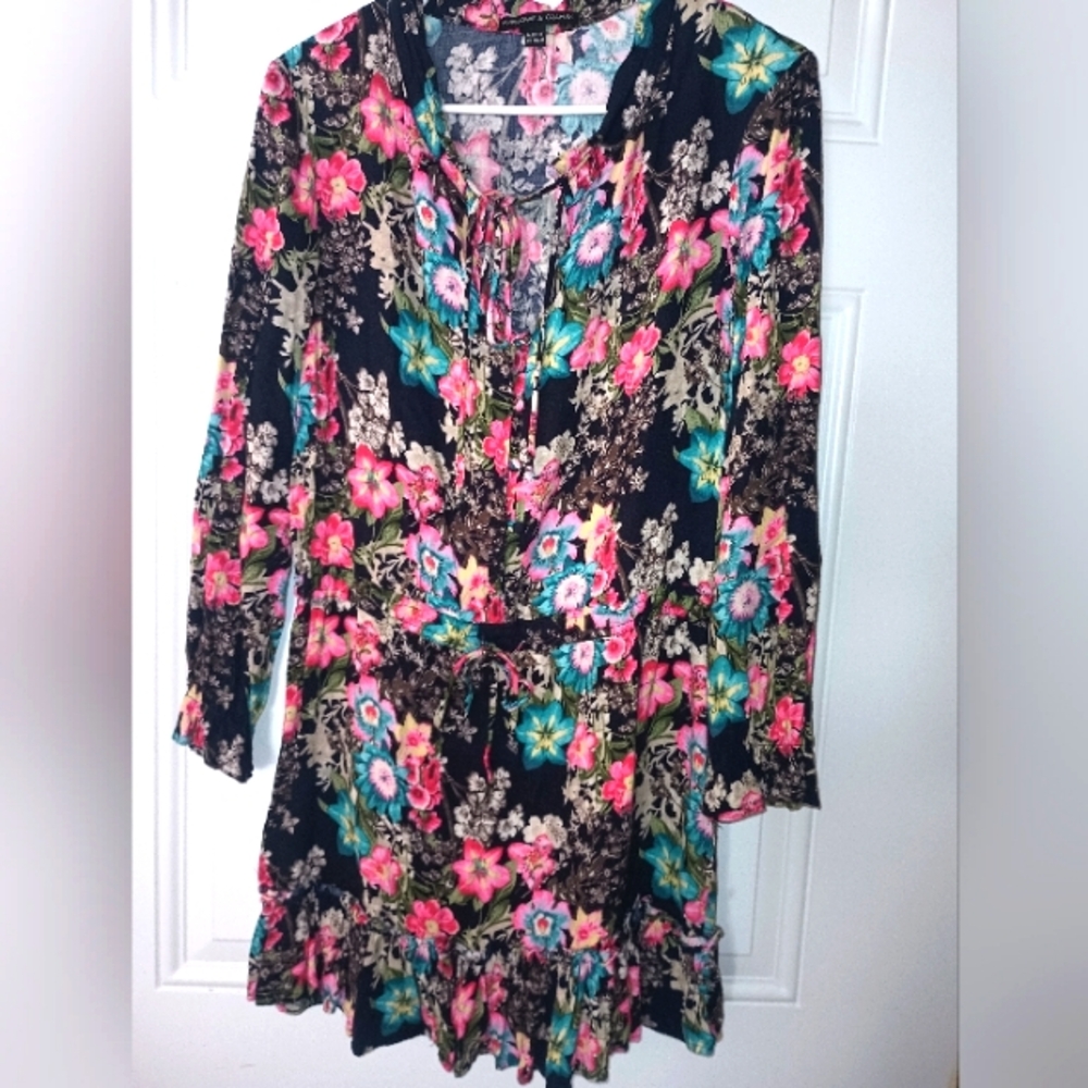 Floral Black Dress with Pink and Blue Accents. Made By Harlowe And Graham.